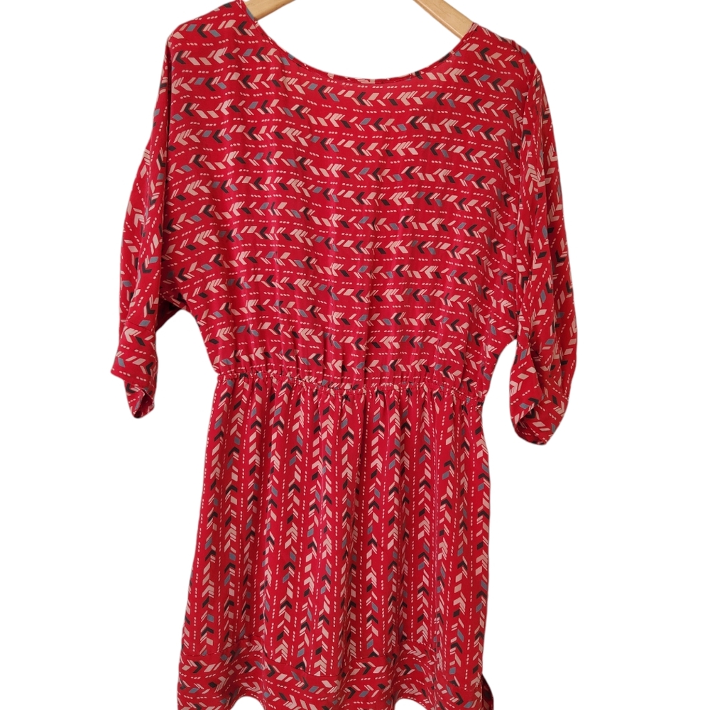 Harlyn Silk Red Mini Dress Boho Western Cowgirl Aztec Print Pretty Cute Large - Picture 1 of 17